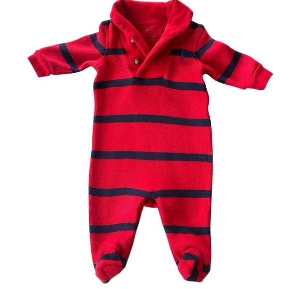 Ralph Lauren Other - Ralph Lauren Baby Red Navy Striped Footed Pajama Onesie Collar Logo 3M 60